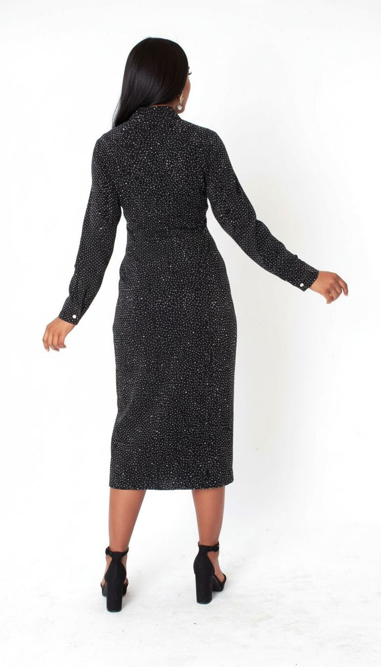 Back view of a model wearing the black For Her NYC Rhinestone Denim Midi Dress - 82388 with allover rhinestone embellishments.