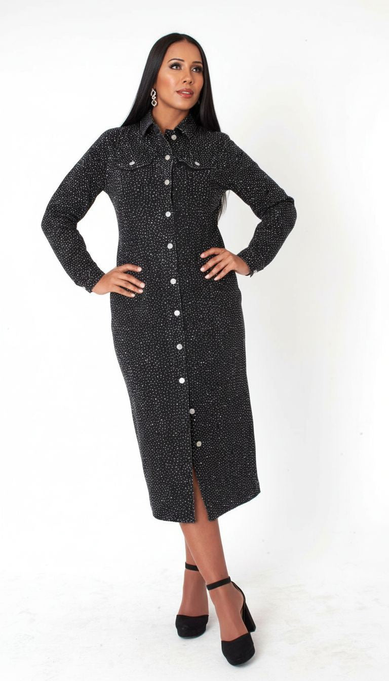 Front view of a model wearing the black For Her NYC Rhinestone Denim Midi Dress - 82388, featuring allover rhinestones, silver buttons, and chest pockets.