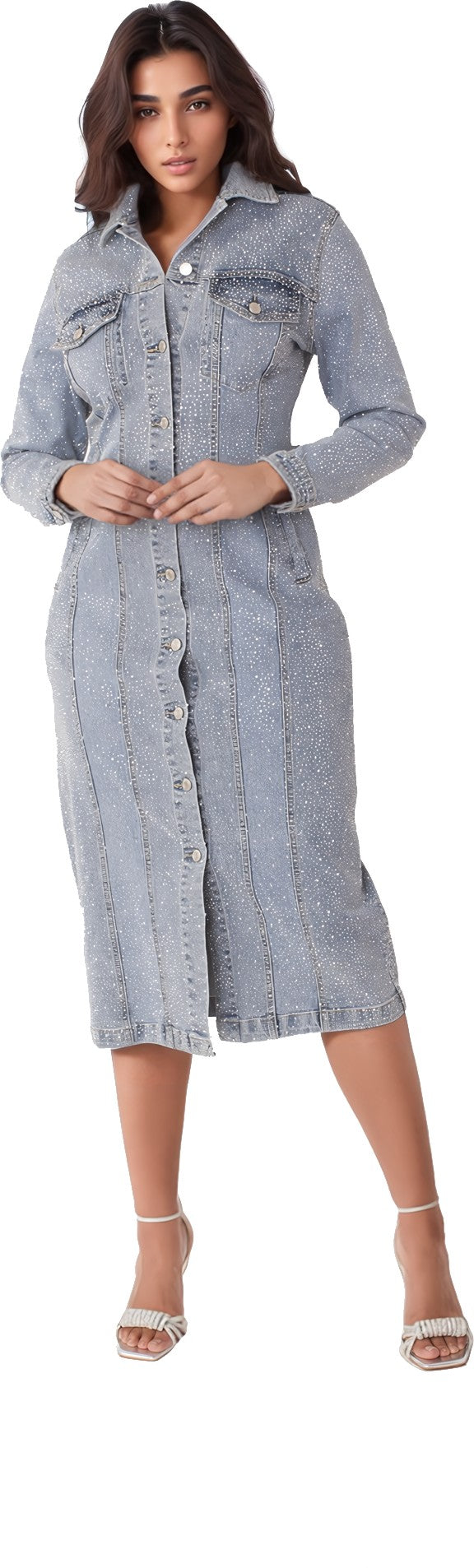 Front view of a model wearing the For Her NYC Rhinestone Denim Midi Dress - 82388 in denim, featuring allover rhinestones, silver buttons, and chest pockets.