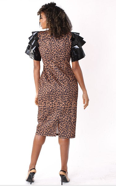 Back view of a model wearing the For Her NYC Ruffle Sleeve Midi Dress - 82050, featuring an animal print, tiered faux-leather sleeves, and a back slit
