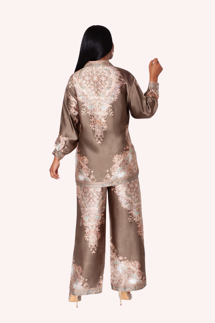 Back view of olive baroque print satin pant set highlighting print and relaxed fit by For Her NYC.