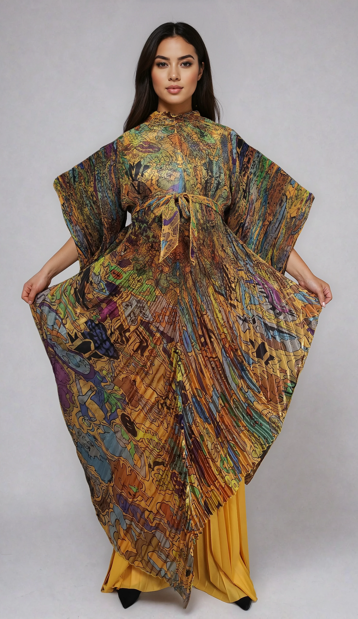 Front view of Mirage Pleated Pantset in gold print with flowing abstract top and wide-leg pants by For Her NYC.