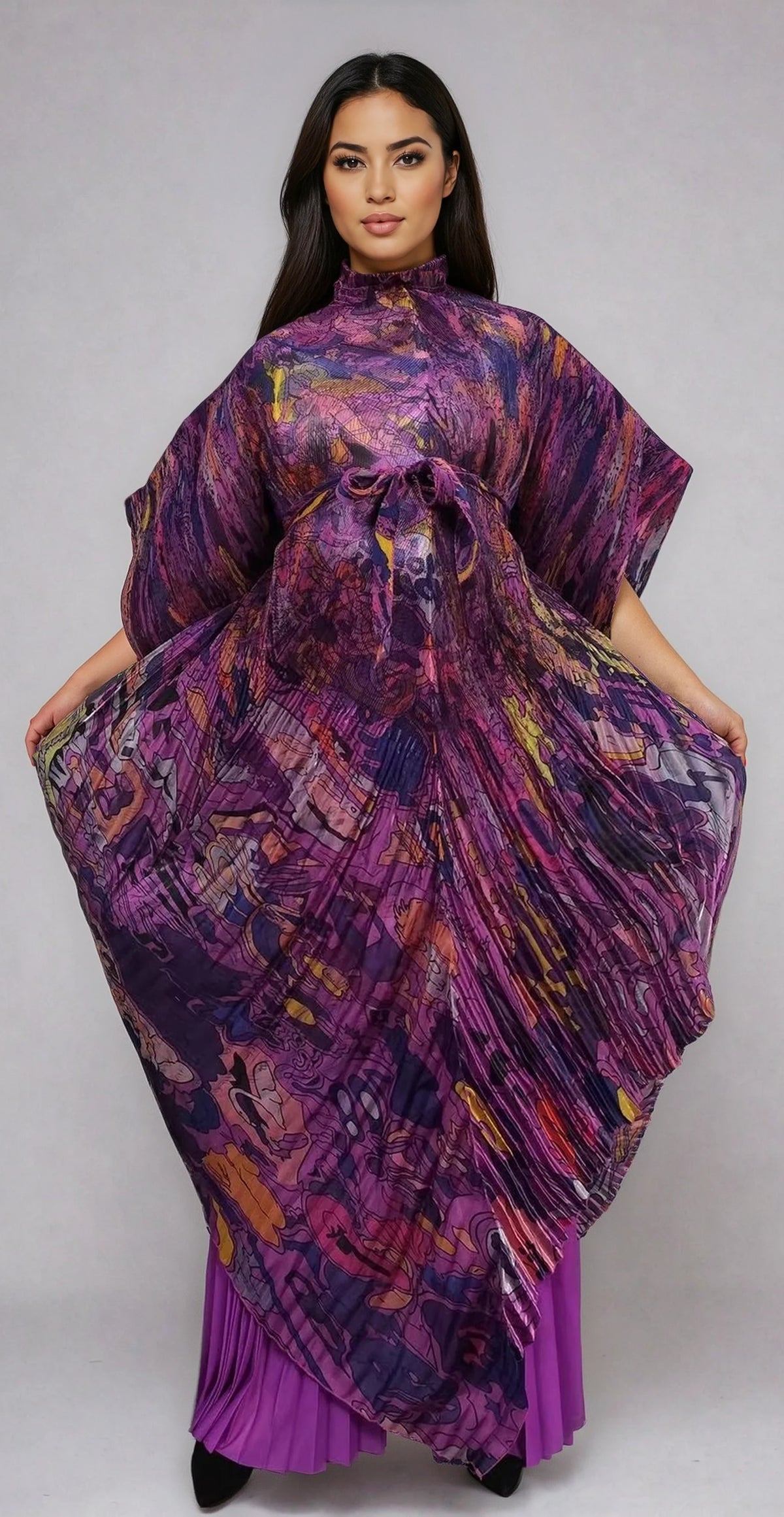 Front view of Mirage Pleated Pantset in purple print featuring soft pleats and artistic pattern by For Her NYC.