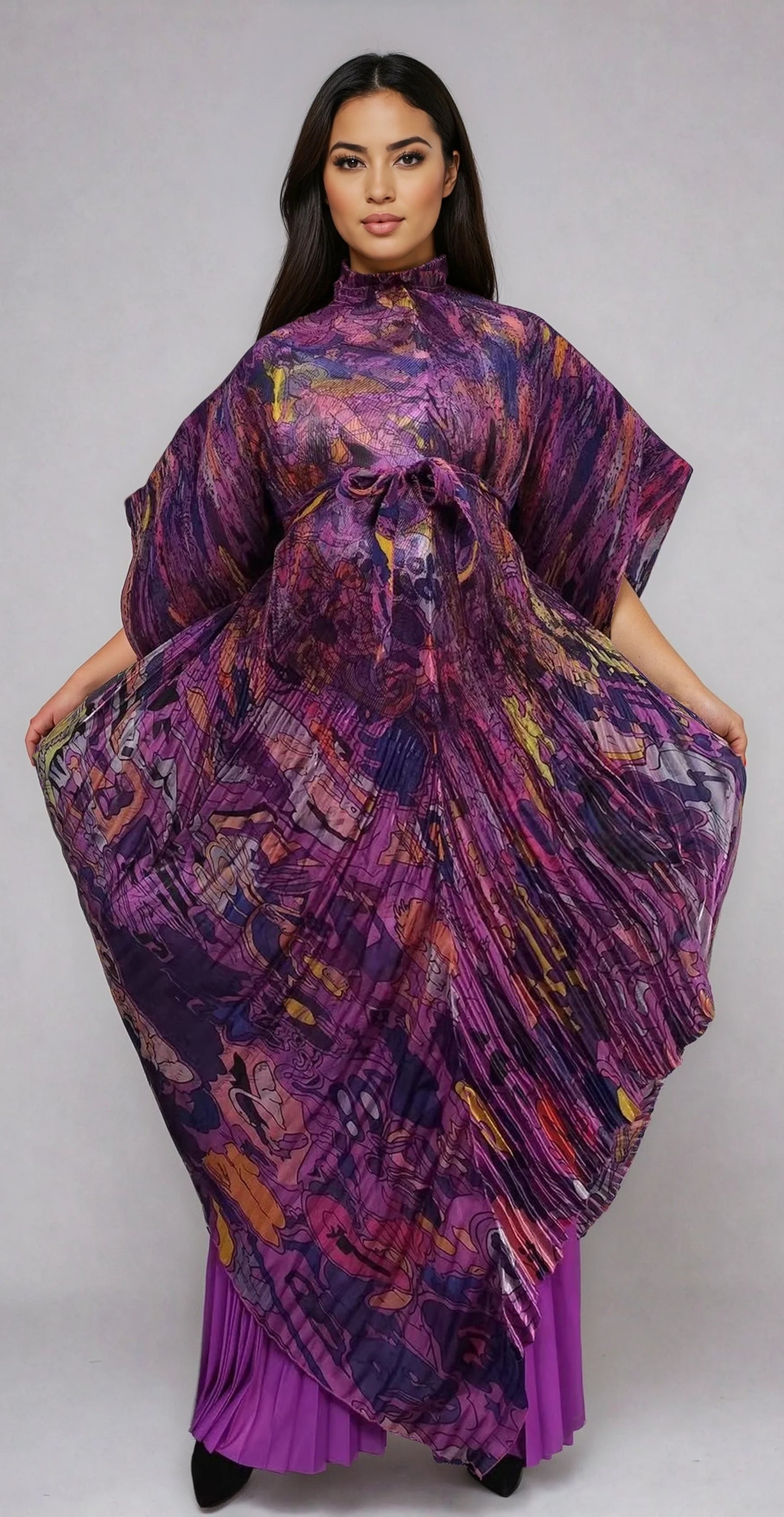 Front view of Mirage Pleated Pantset in purple print featuring soft pleats and artistic pattern by For Her NYC.