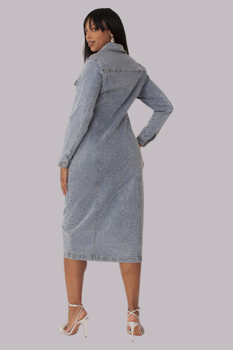 Back view of rhinestone denim midi dress featuring long sleeves and clean seam finish by For Her NYC.