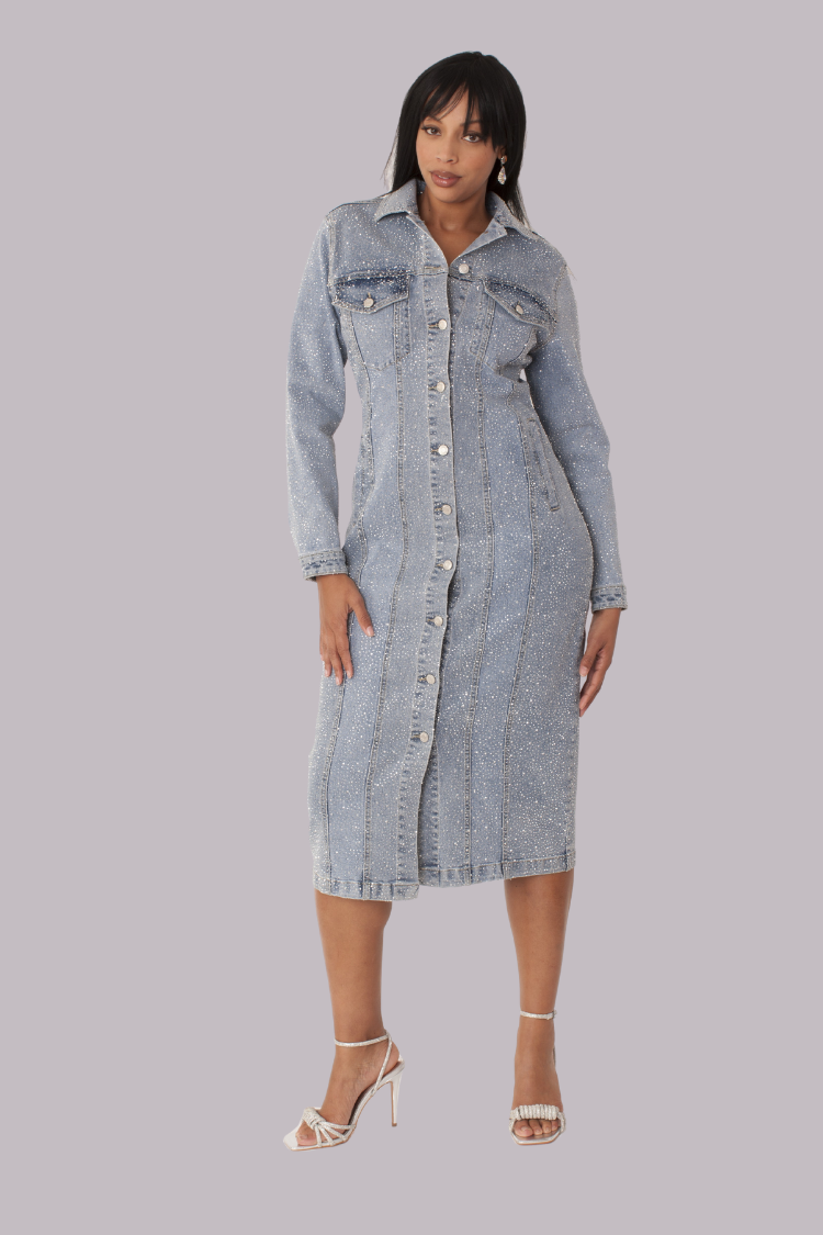 Rhinestone Denim Midi Dress Denim / 1X Rhinestone Denim Midi Dress Denim / 1X