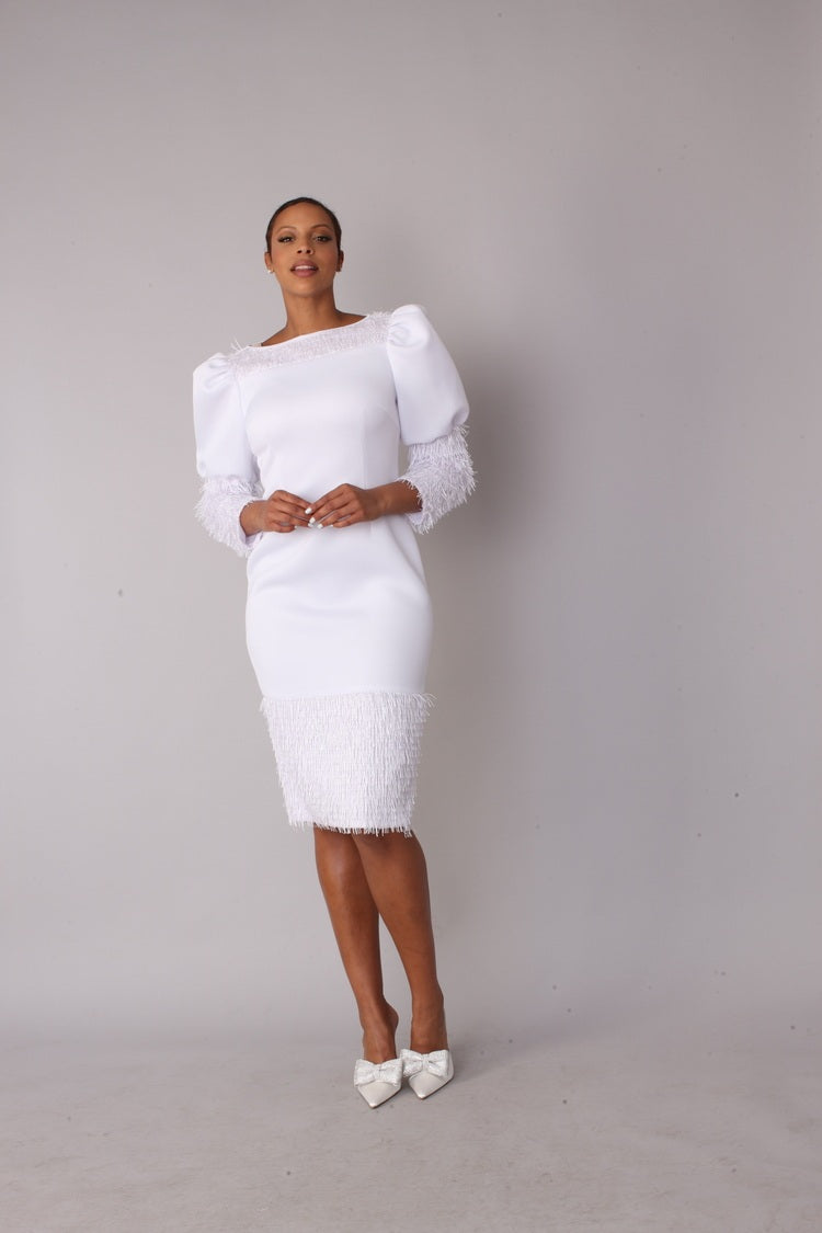 White fringe midi dress shown front view with arms crossed pose, elegant silhouette, For Her NYC