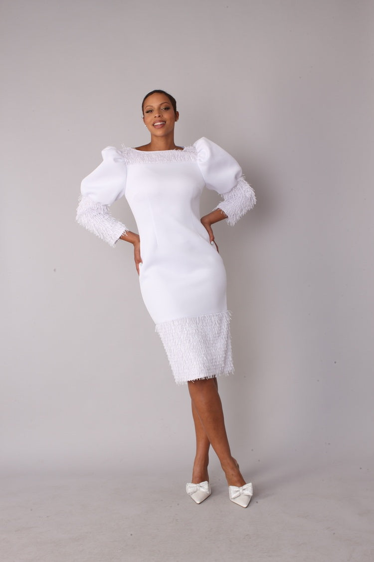 White fringe midi dress shown front full body view highlighting midi length and statement sleeves, For Her NYC