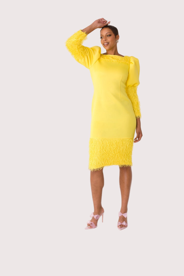 Yellow fringe midi dress shown front view with arms out pose highlighting puff sleeves and fringe, For Her NYC