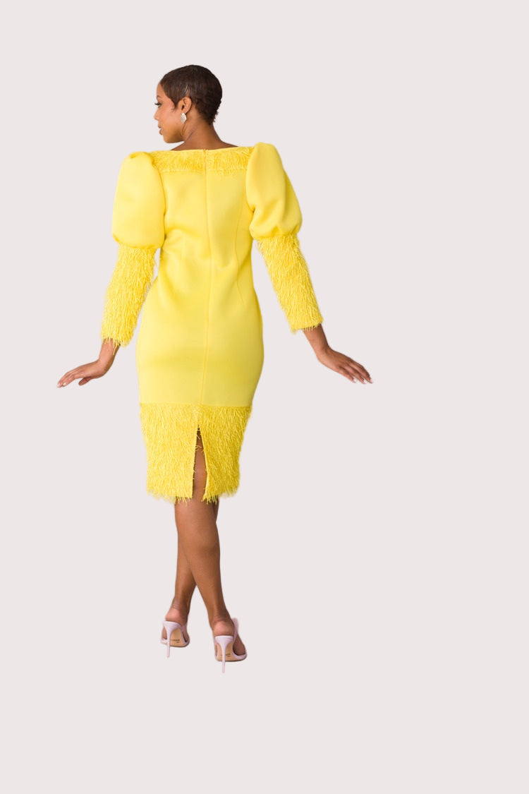 Yellow fringe midi dress shown front view with hand on hip pose, confident statement styling, For Her NYC