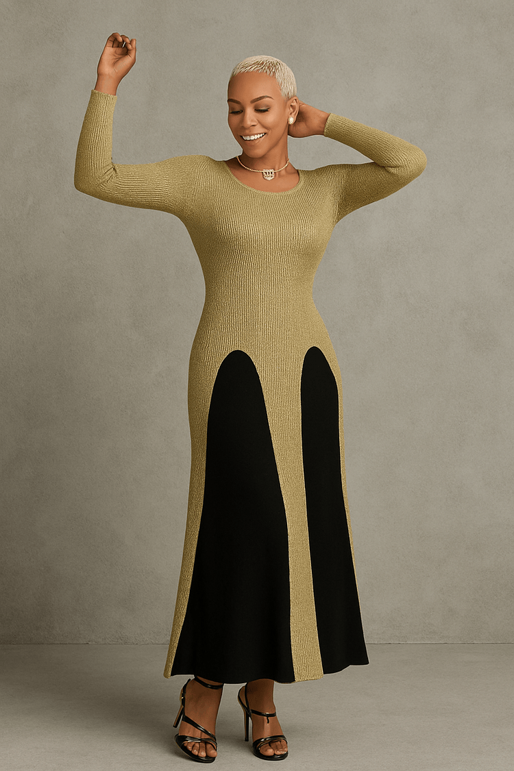 Gold and black two-piece knit maxi dress set with shimmering finish, sheer overlay detailing, and dramatic high side slits — bold elegant statement look.
