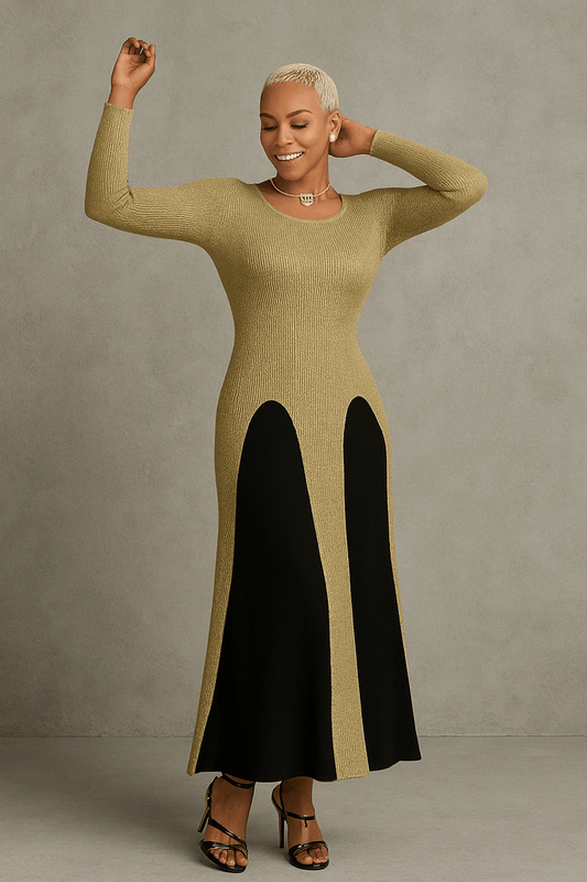Gold and black two-piece knit maxi dress set with shimmering finish, sheer overlay detailing, and dramatic high side slits — bold elegant statement look.