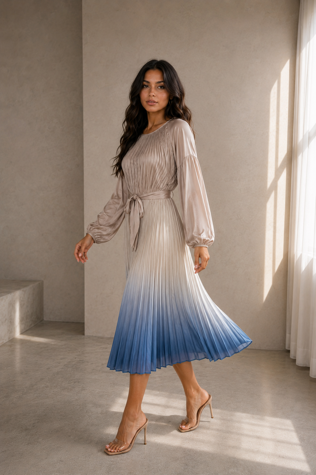 Front View: Gradient pleated midi dress in neutral to blue ombré, long sleeve — For Her NYC