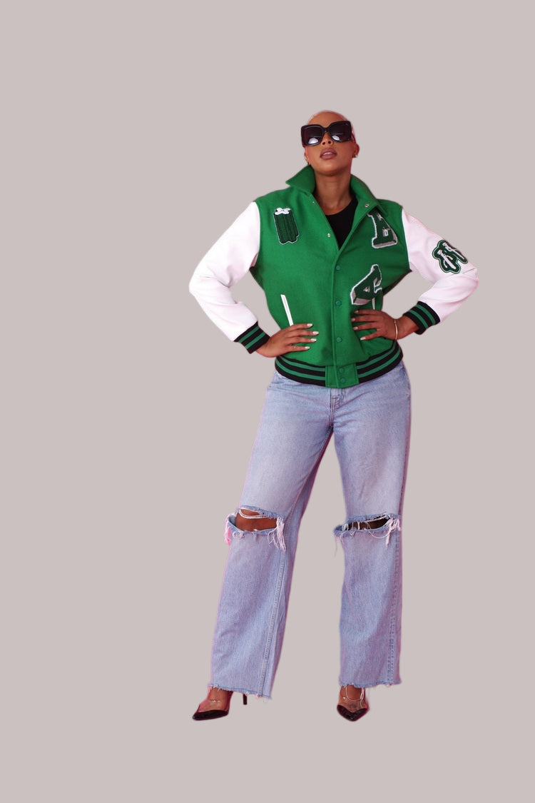 Front view green varsity jacket with white sleeves and patch details – For Her NYC