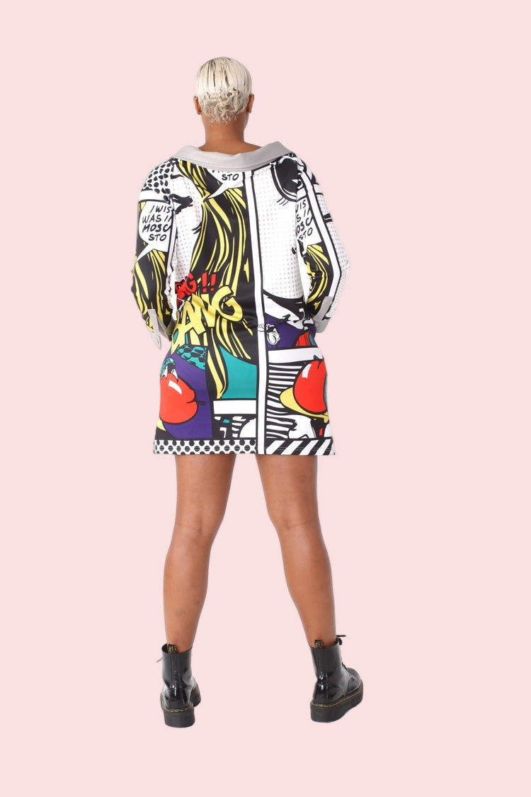 Grey printed sleeve leather long jacket back view – For Her NYC