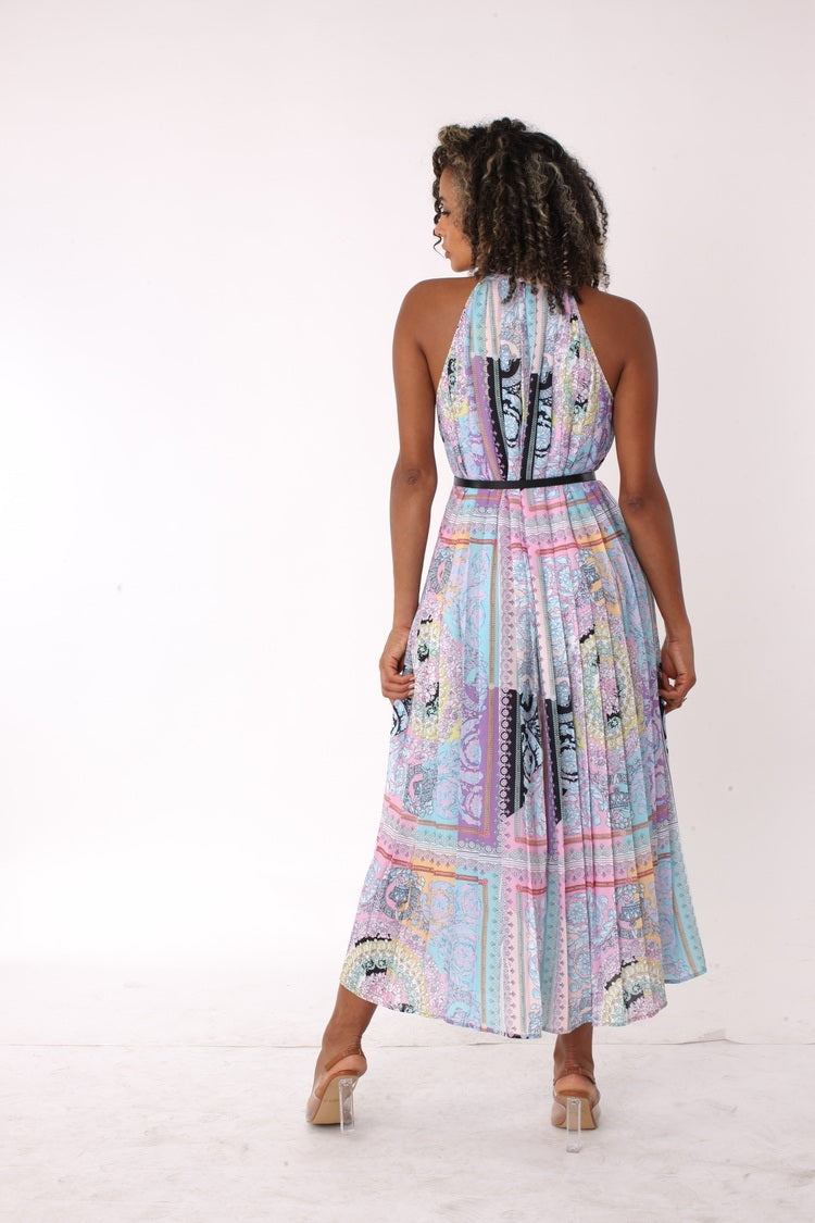 Back view of pastel patchwork halter maxi dress showing drape and maxi length from behind – For Her NYC