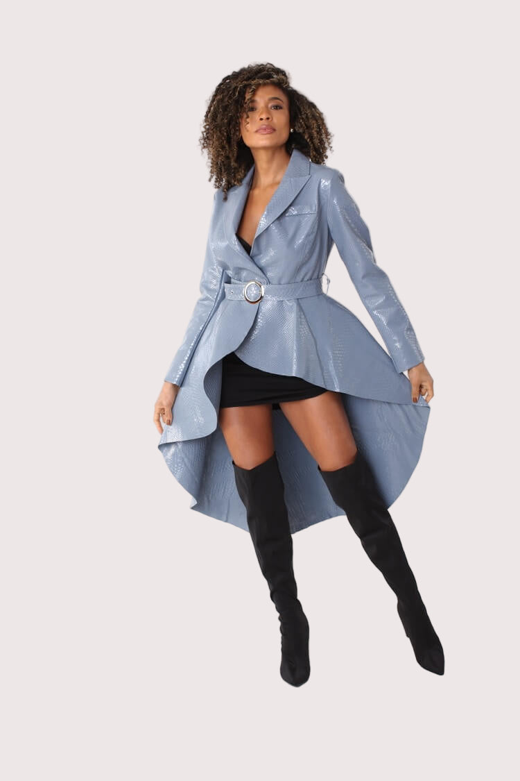 Light blue crocodile textured belted coat open stance – For Her NYC