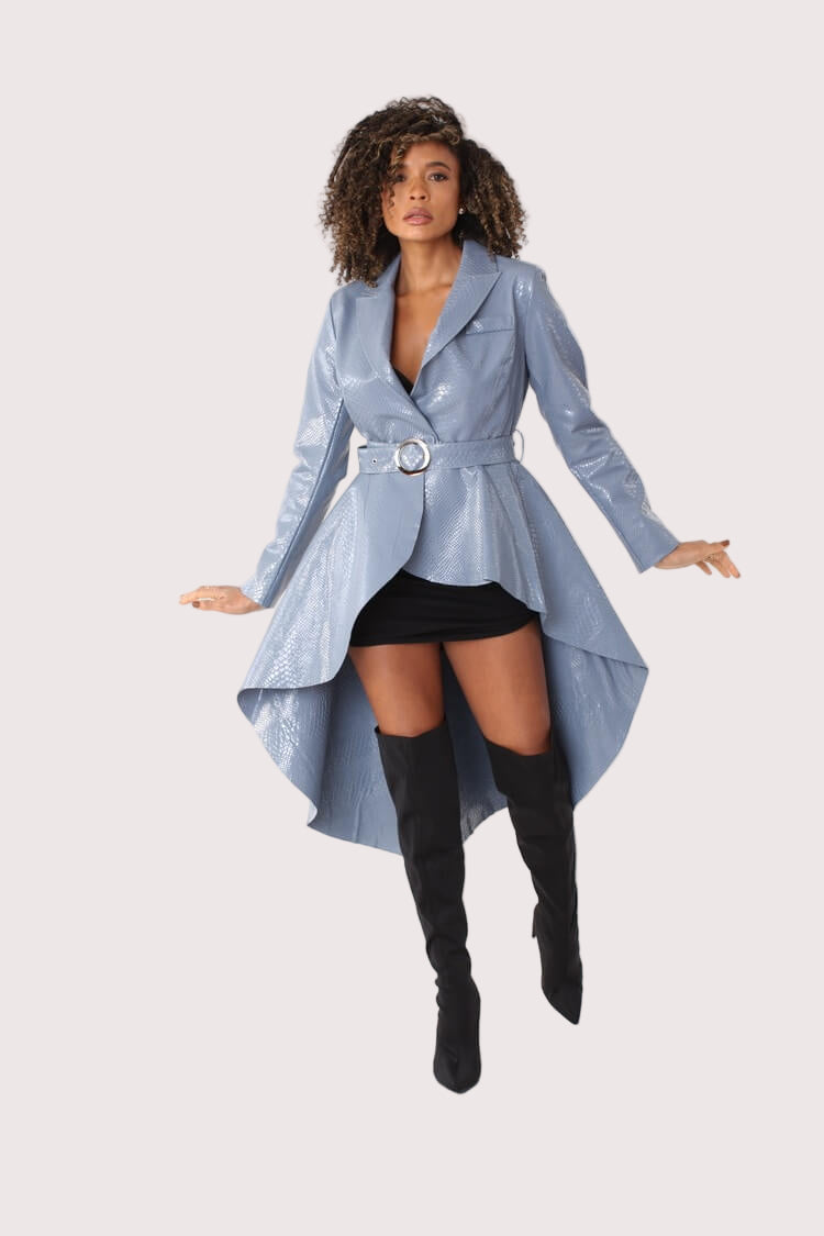 Front view of light blue crocodile embossed high-low belted coat – For Her NYC