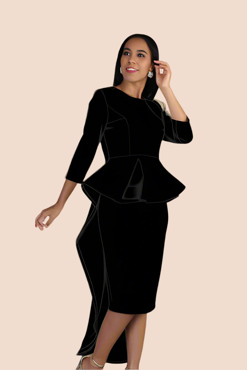 Black high low ruffle top and fitted skirt two piece set front view — chic formal modest outfit for elegant occasions.