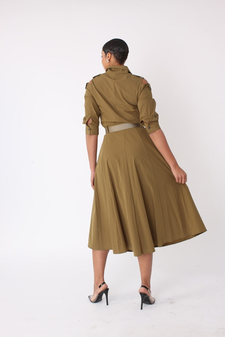 Khaki midi dress shown from the back highlighting utility-inspired design and fit, For Her NYC