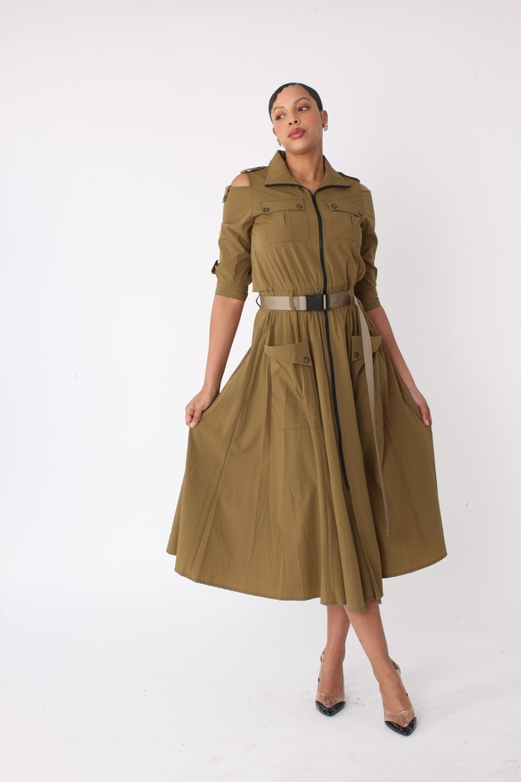 Khaki midi dress shown front full body view, belted waist and midi length, For Her NYC