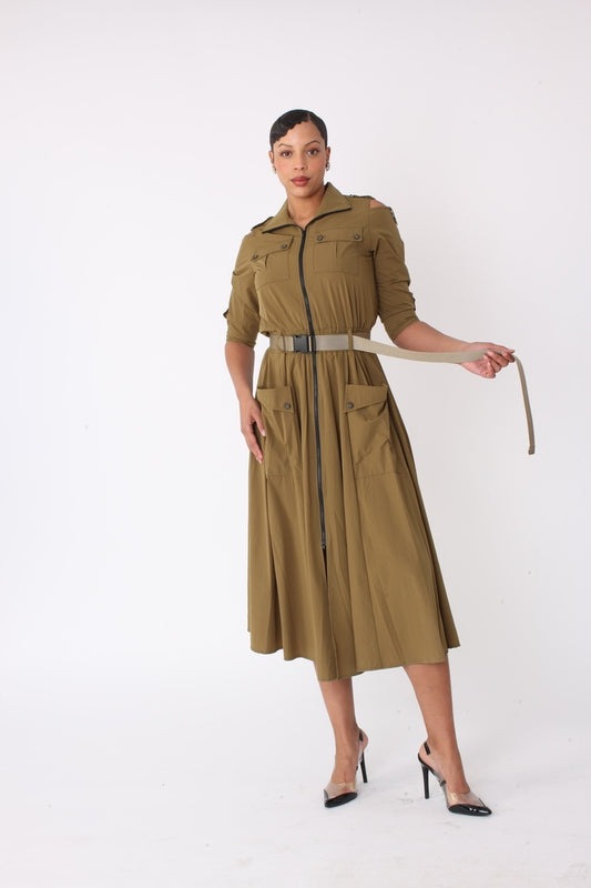 Khaki midi dress shown front view with model holding belt detail, utility style silhouette, For Her NYC
