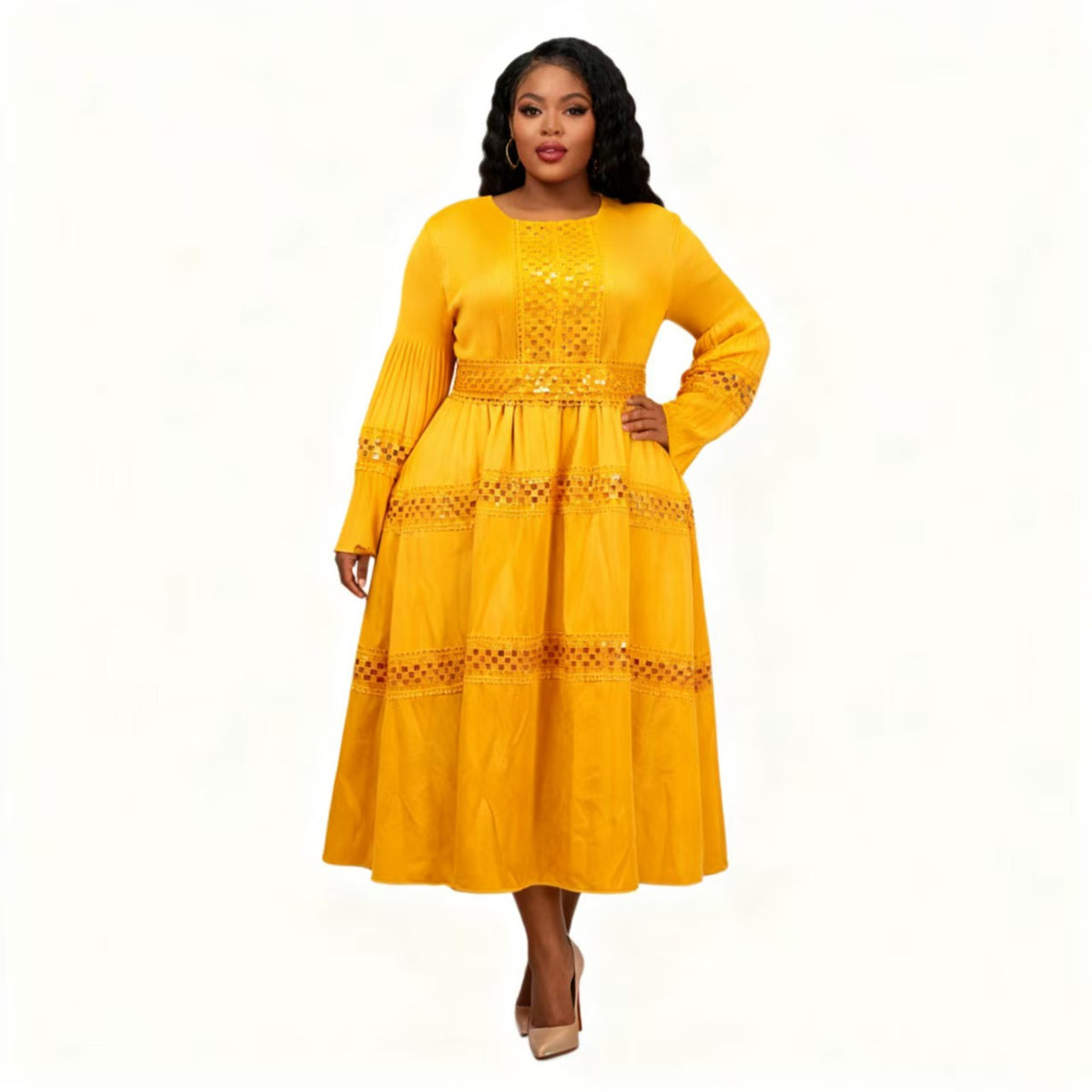 Front view of model wearing a yellow long sleeve tiered midi dress with lace inset panels and defined waist, For Her NYC