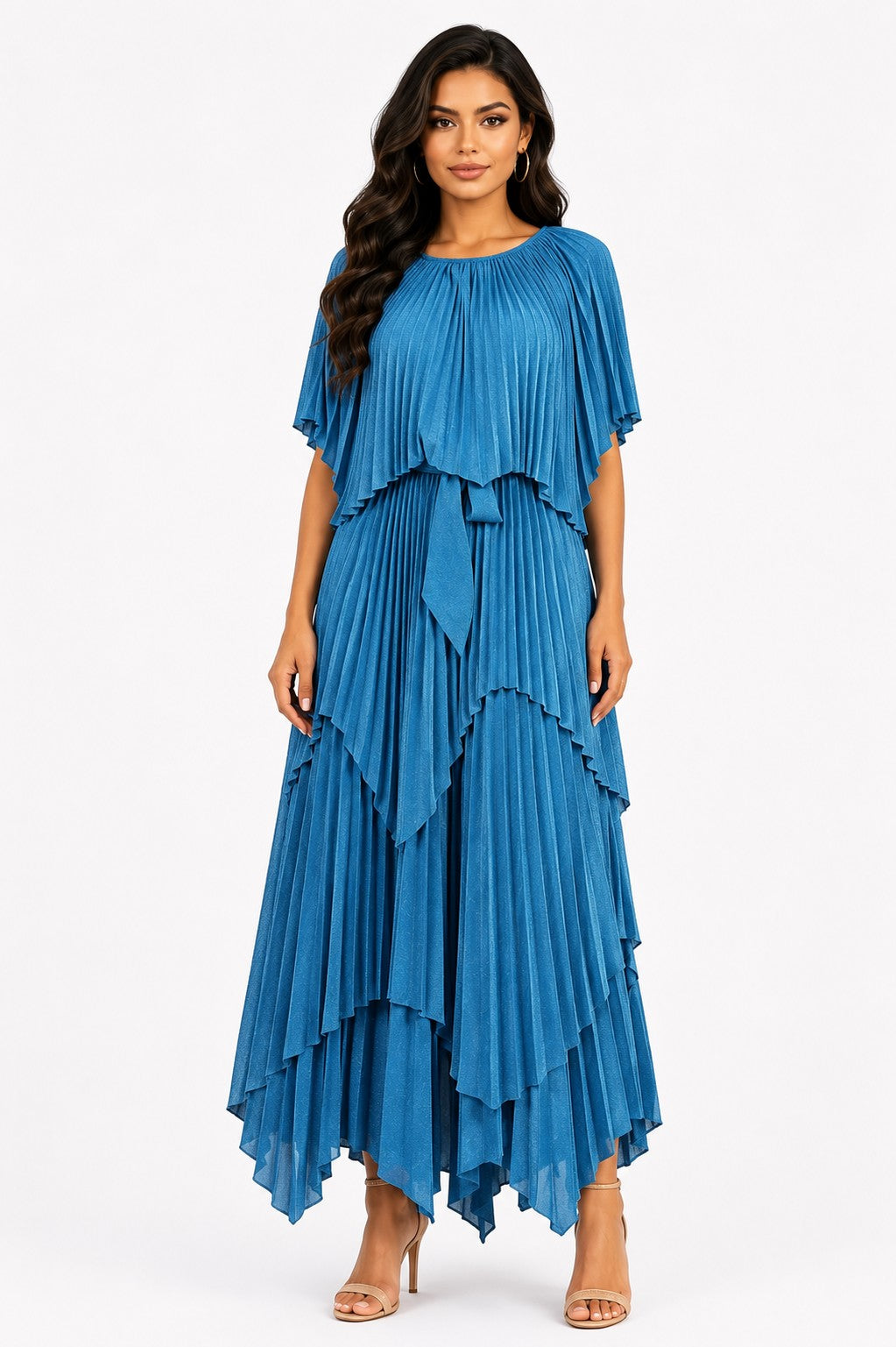 Model wearing the Layered Pleated Maxi Dress with Cape in Blue featuring elegant tiered pleats, a flowing cape overlay, flutter sleeves, and a graceful maxi silhouette by  ForHerNYC.