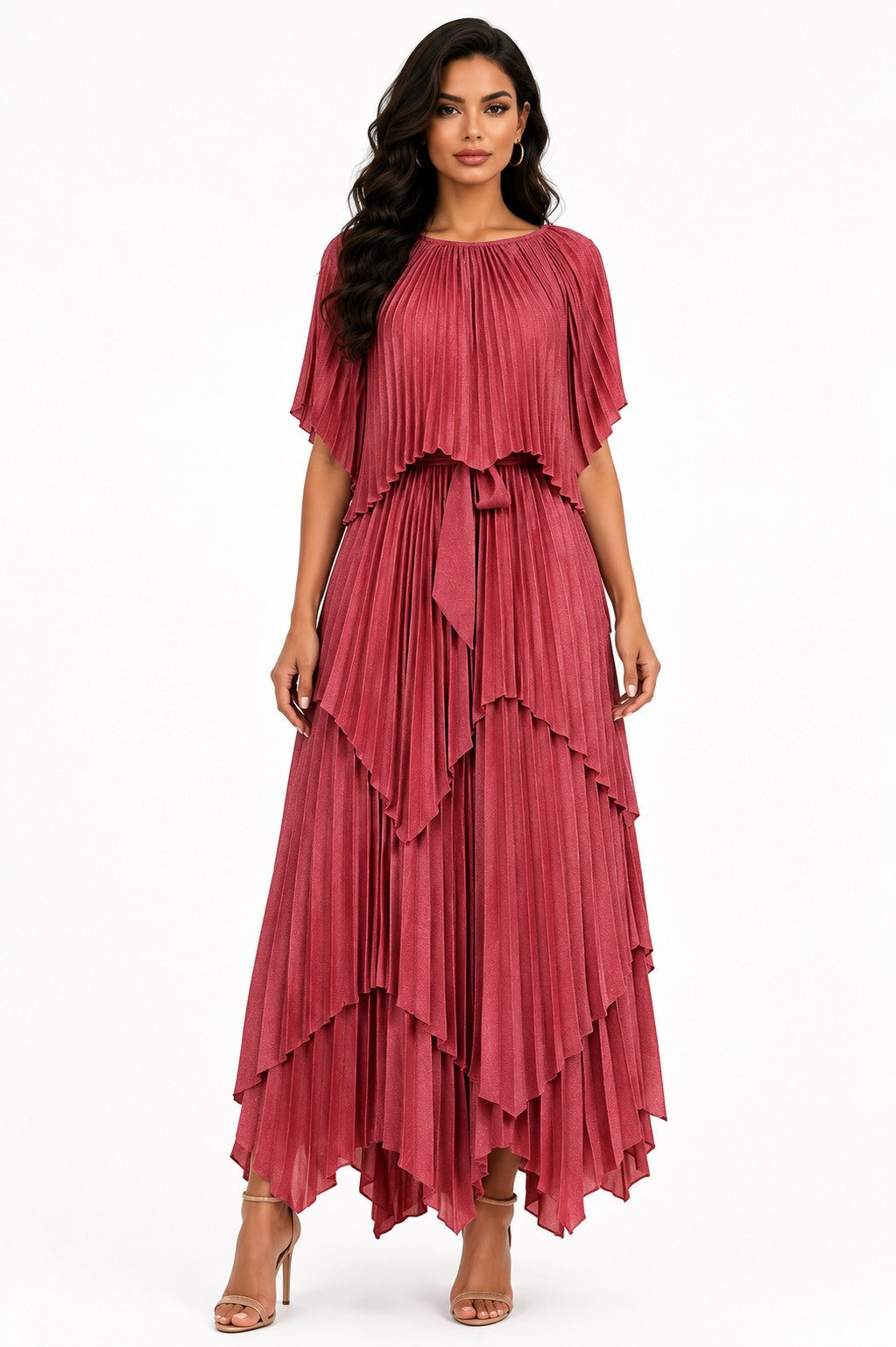 Model wearing the Layered Pleated Maxi Dress with Cape in Rose featuring soft tiered pleats, a draped cape overlay, flutter sleeves, and a flattering maxi silhouette by  ForHerNYC