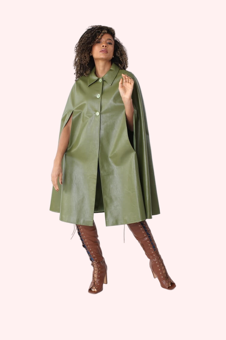 Front view army green faux leather cape coat with button-front and A-line silhouette – For Her NYC