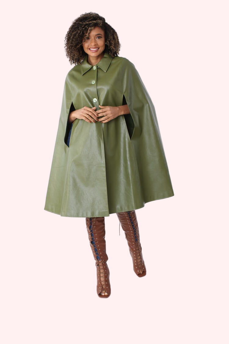 Front view army green faux leather cape coat with button-front and A-line silhouette – For Her NYC