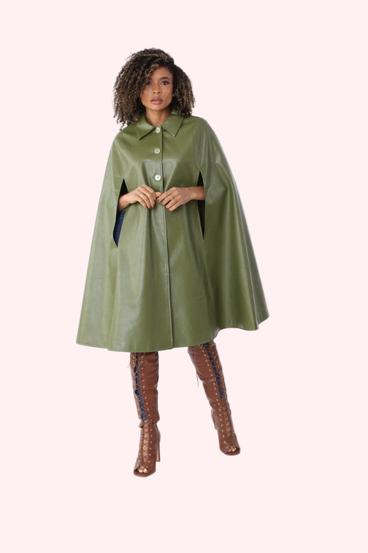 Front view army green faux leather cape coat with button-front and A-line silhouette – For Her NYC