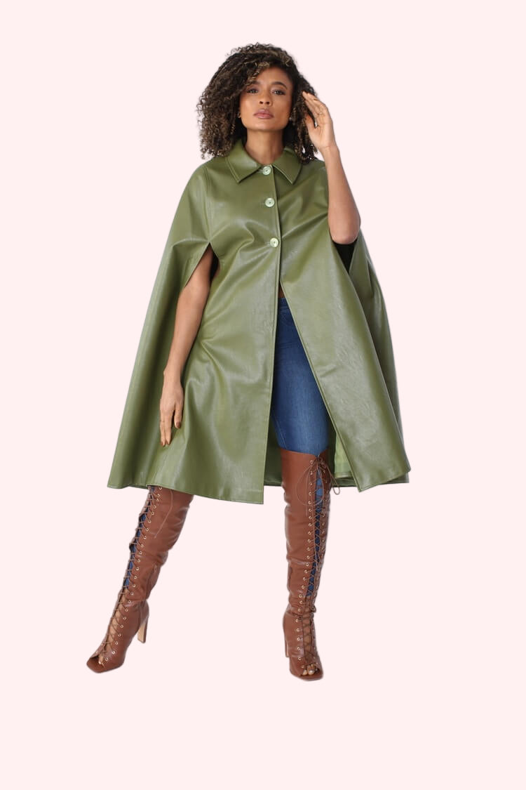 Army green faux leather cape coat open front styling with boots layered outfit – For Her NYC