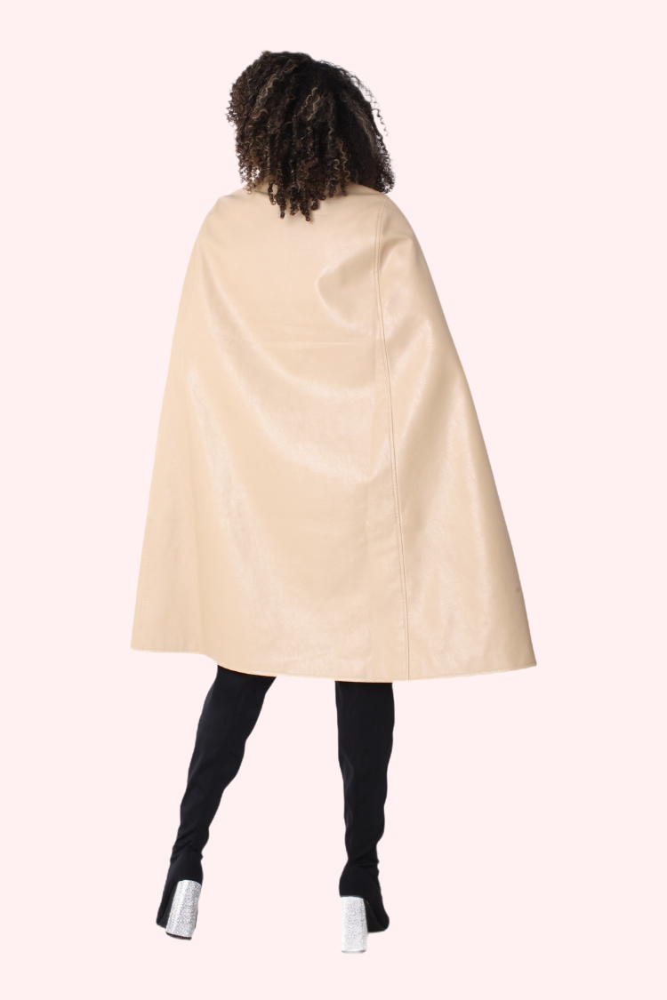 Back view of nude faux leather cape coat in clean A-line silhouette – For Her NYC