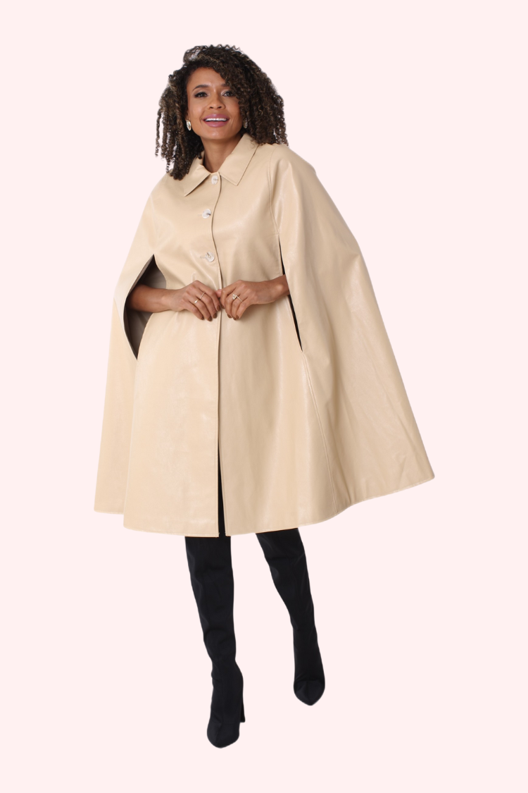 Front view nude faux leather cape coat with button closure and wide cape sleeves – For Her NYC