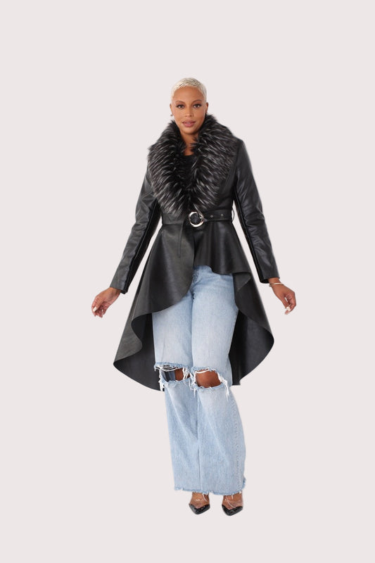 Black faux leather high-low coat with fur collar front view – For Her NYC