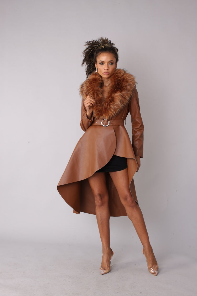 Front view of brown faux leather high-low coat with fur collar – For Her NYC