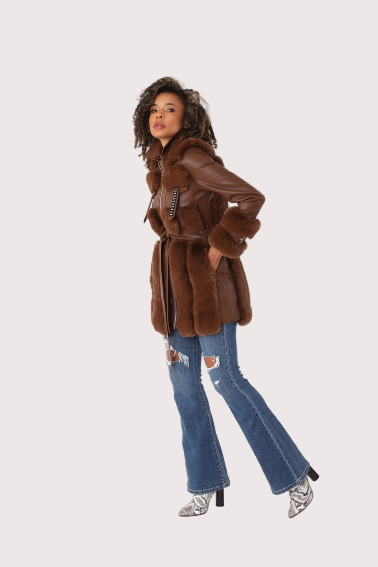Brown faux leather fur trimmed jacket angled pose