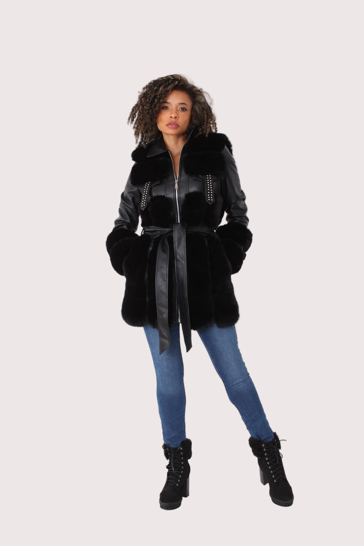 Black faux leather fur trimmed jacket front view