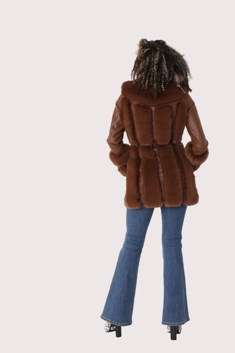 Brown faux leather jacket back view pose