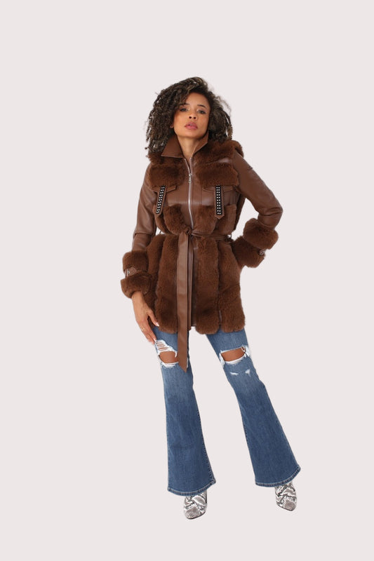 Brown faux leather jacket with faux fur trim, front pose