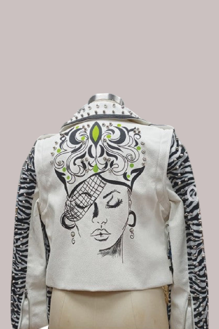 Faux leather jacket back view showing bold graphic print and sleeve detail.