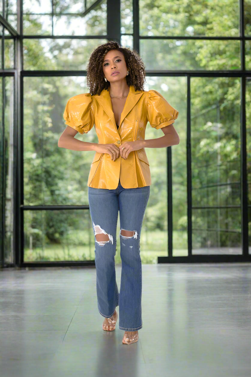 Front view of mustard faux leather puff sleeve jacket – For Her NYC