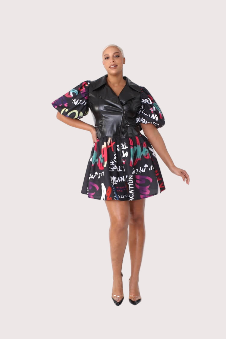 Front view of black multi printed dress with faux leather puff sleeves – For Her NYC
