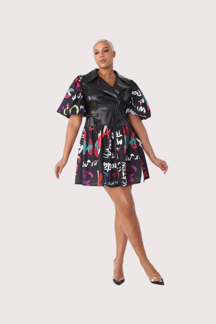 Front view of black multi printed dress with faux leather puff sleeves – For Her NYC