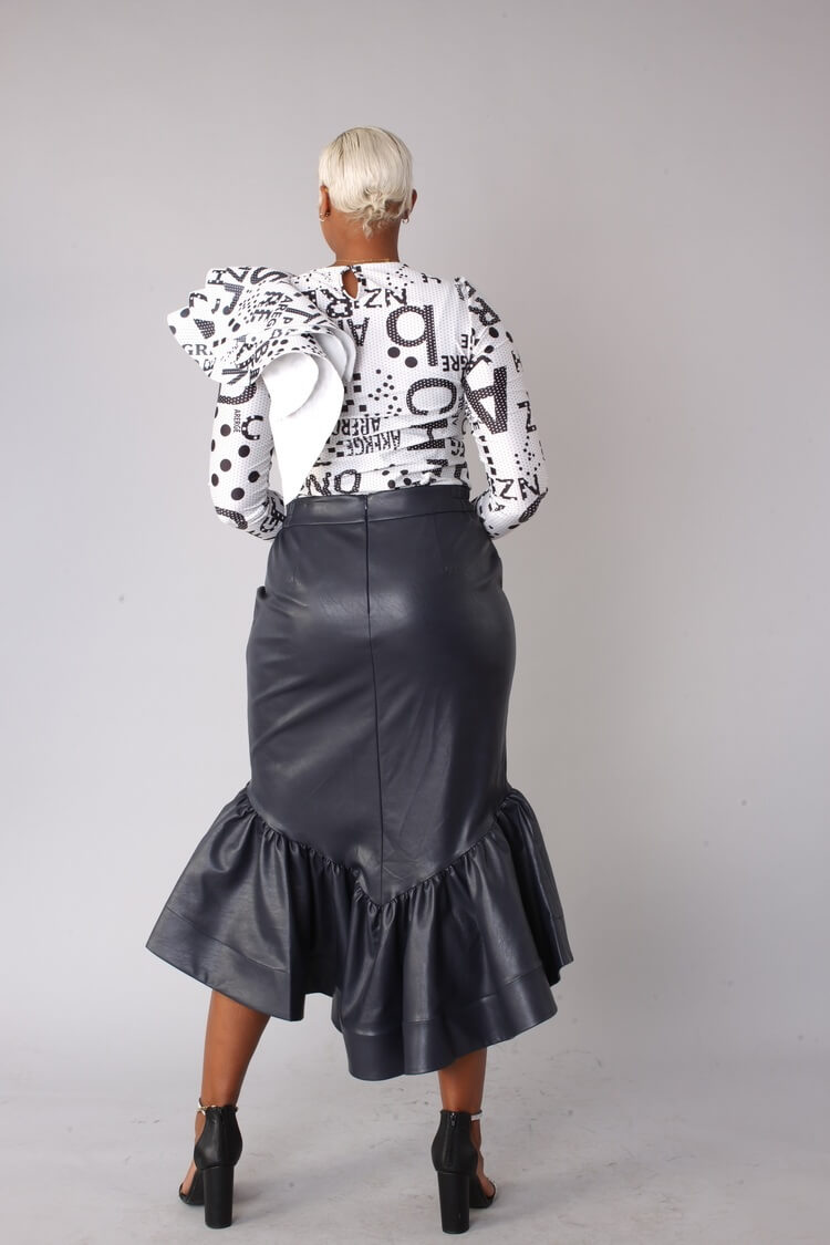 Navy grey faux leather ruffle midi skirt turned back angle.