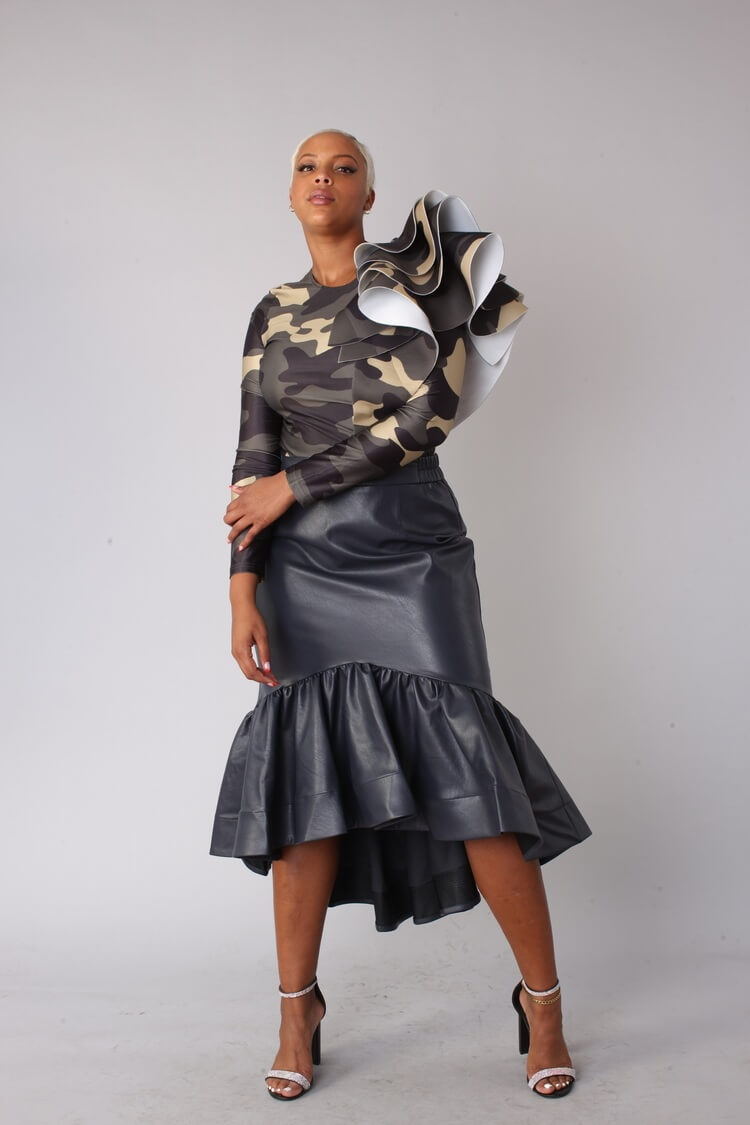 Navy grey faux leather ruffle midi skirt front pose