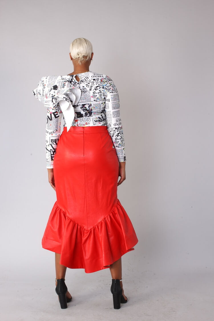 Red faux leather ruffle midi skirt shown from the back.