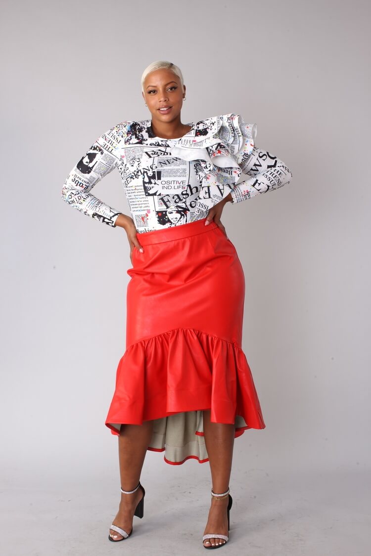Red faux leather ruffle midi skirt standing pose facing forward.
