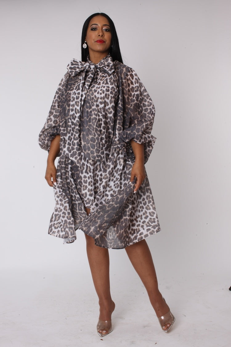 Leopard Print Organza Bow Dress Leopard Print / L Leopard Print Organza Bow Dress Leopard Print / L